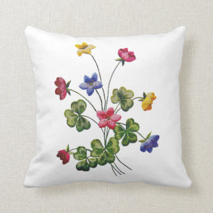 Faux Embroidered Colorful Wood Sorrel Throw Pillow