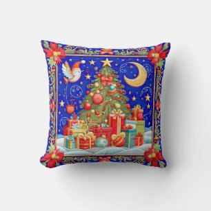 Faux Embroidered Decorated Christmas Tree Throw Pillow