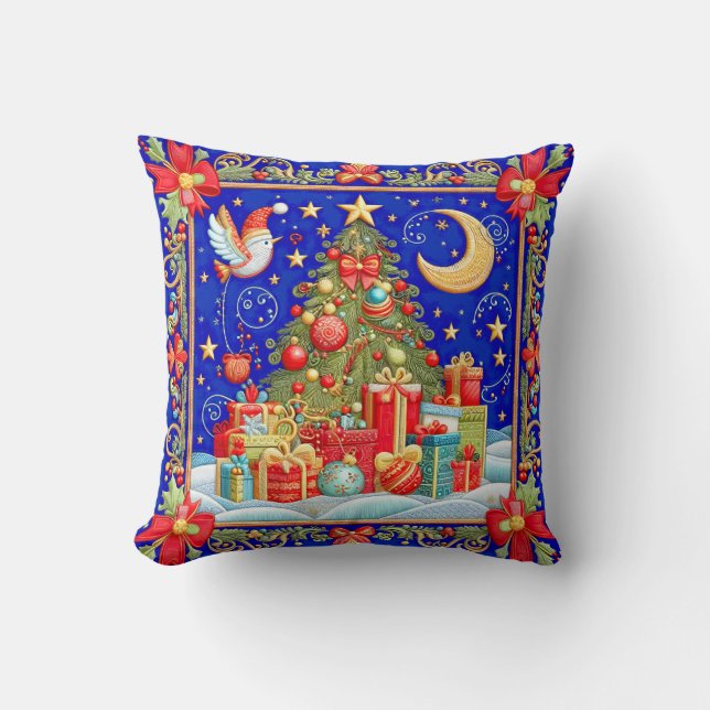 Faux Embroidered Decorated Christmas Tree  Throw Pillow (Front)