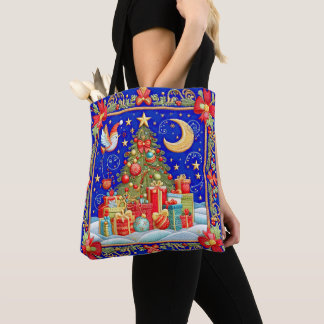 Faux Embroidered Look Decorated Christmas Tree Tote Bag