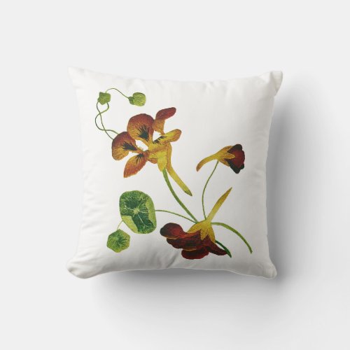 Faux Embroidered Nasturtiums Pillow Throw Pillow