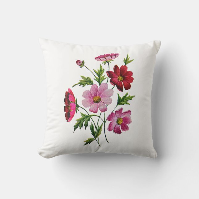 Faux Embroidered Pink and Red Flowers Pillow (Front)