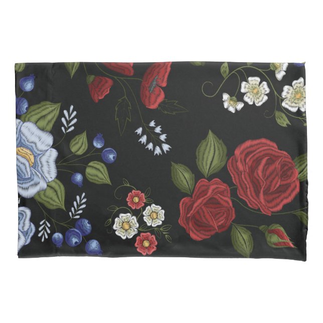 Faux Embroidered Red & Blue Flowers   Pillow Case (Front-Left)