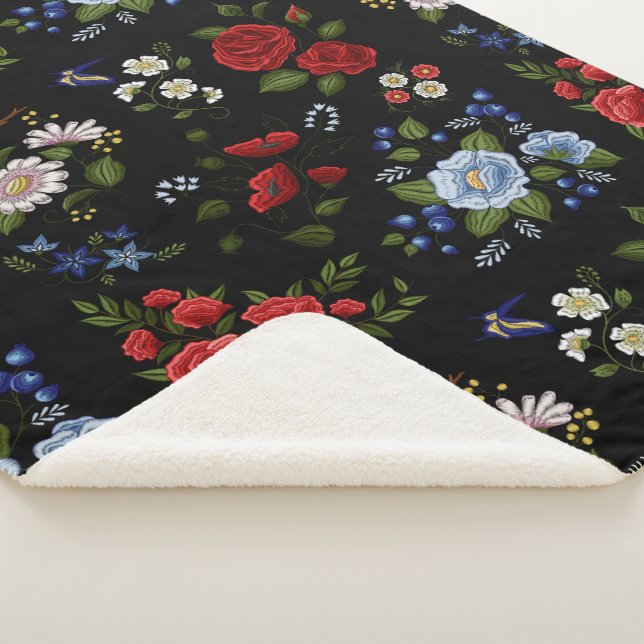 Faux Embroidered Red & Blue Flowers  Sherpa Blanket (3/4)