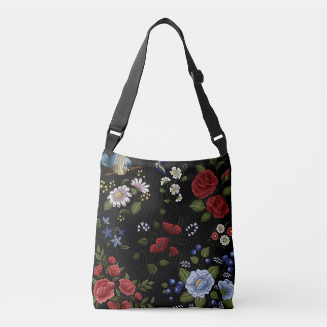 Faux Embroidered Red & Blue Flowers   Tote Bag (Front)