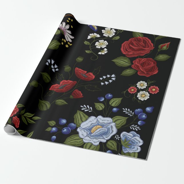 Faux Embroidered Red & Blue Flowers  Wrapping Paper (Unrolled)