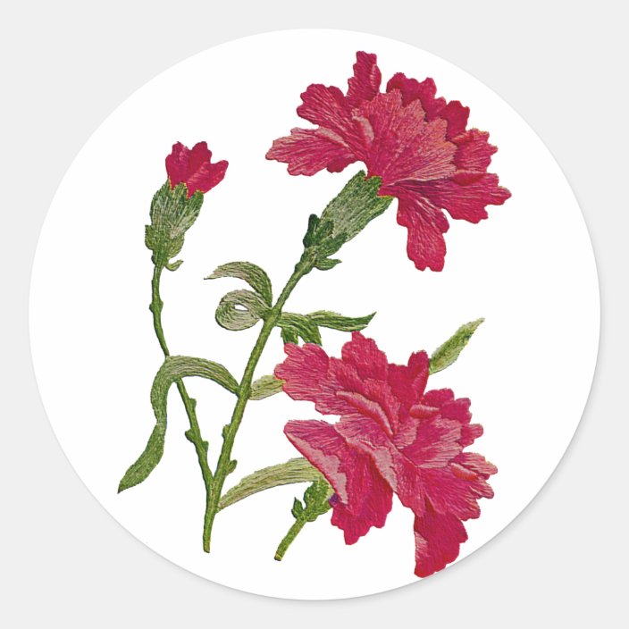 Faux Embroidered Red Carnations Classic Round Sticker Zazzle