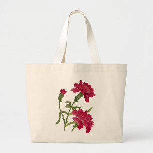 Faux Embroidered Red Carnations Large Tote Bag