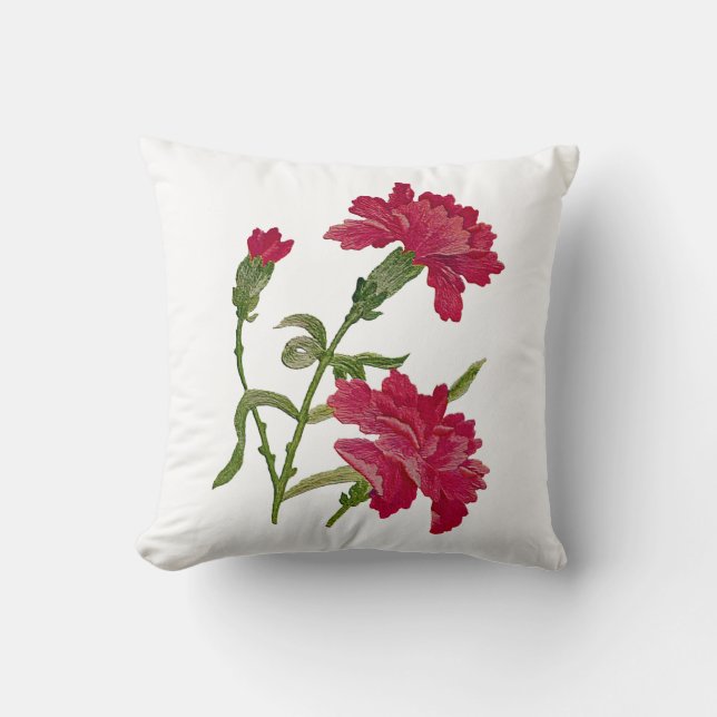Faux Embroidered Red Carnations Pillow (Front)