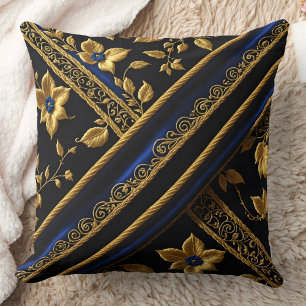 faux Embroidery Blue Gold Flowers black Throw Pillow