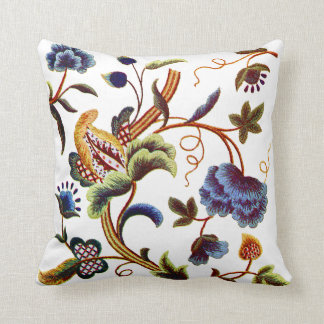 Faux Embroidery - Blue Jacobean Crewel Embroidery Throw Pillow