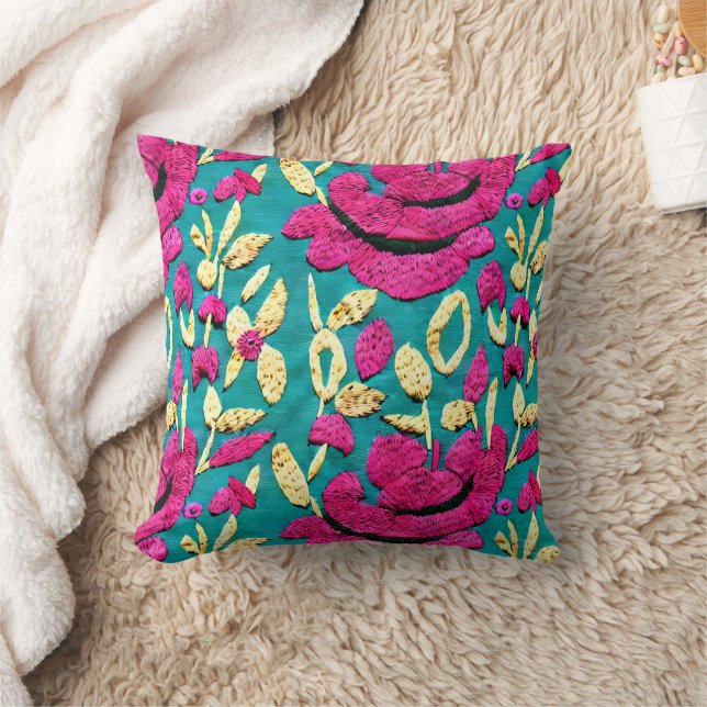 Faux Embroidery Boho Floral Throw Pillow (Blanket)