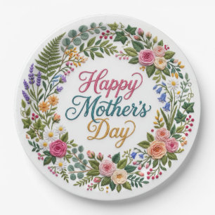 Faux Embroidery Floral Happy Mother's Day Paper Plates