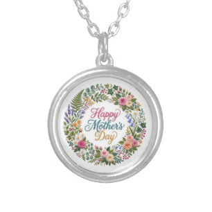 Faux Embroidery Floral Happy Mother's Day Silver Plated Necklace