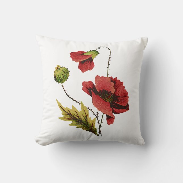 Faux Embroidery Red Poppies Pillow (Front)