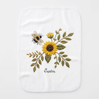 Faux Embroidery Sunflower and Honeybee Baby Burp Cloth