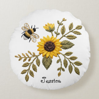 Faux Embroidery Sunflower and Honeybee Round Pillow