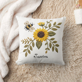 Faux Embroidery Sunflower and Honeybee Throw Pillow