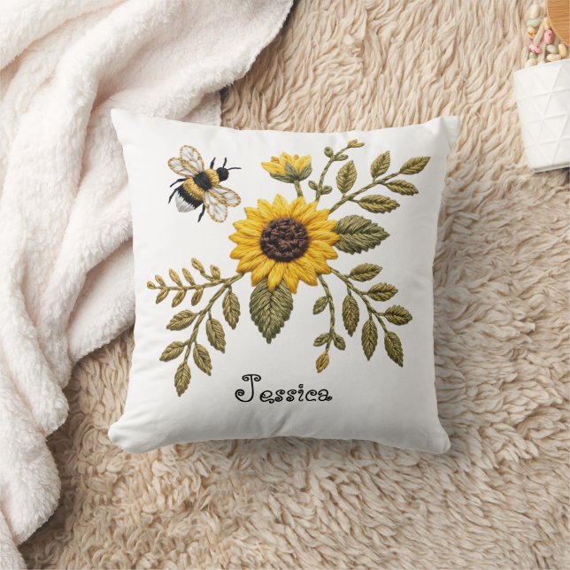 Faux Embroidery Sunflower and Honeybee Throw Pillow (Blanket)