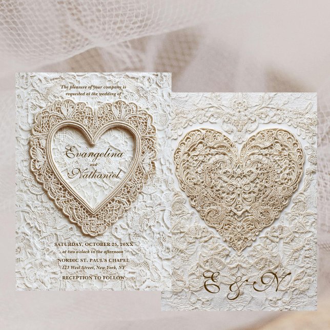 Faux Embroidery Timeless Lace Heart Formal Wedding Invitation (Creator Uploaded)