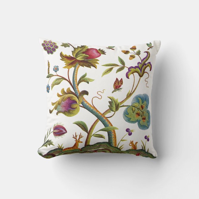 Faux Embroidery - Tree Of Life Jacobean Crewel Throw Pillow (Front)