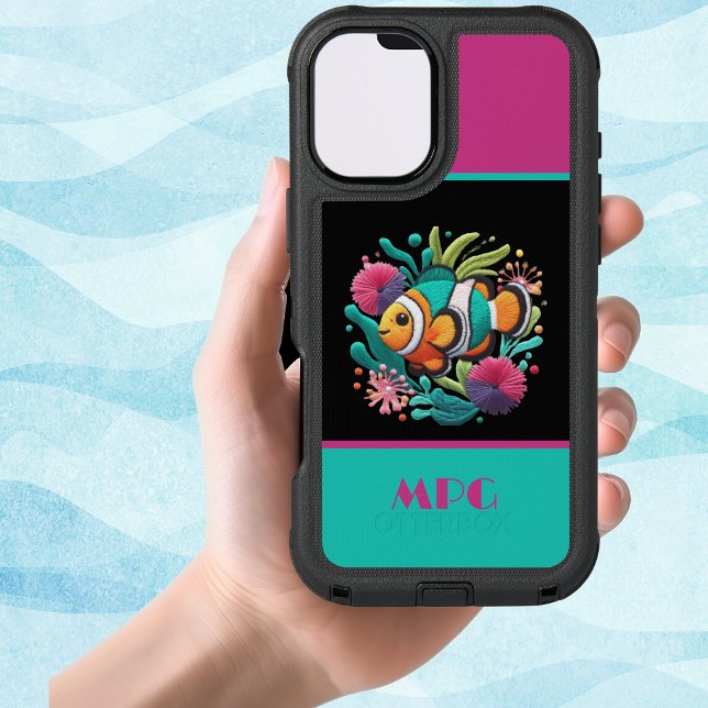 Faux Embroidery Tropical Fish Blue Pink Monogram Otterbox iPhone Case (Creator Uploaded)