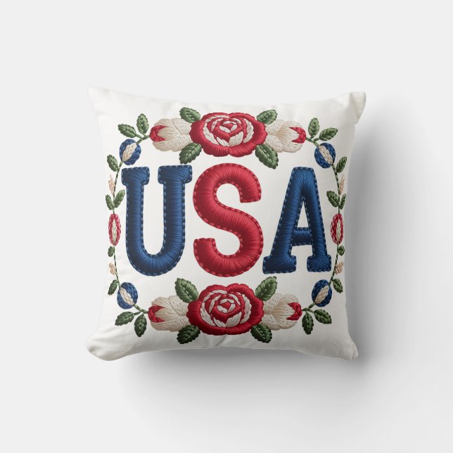 Faux Embroidery USA Throw Pillow (Front)