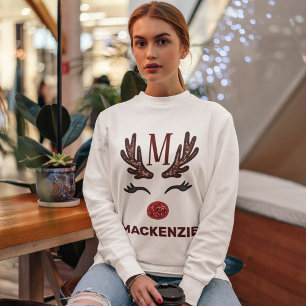 Faux Embroidery Womens Reindeer Xmas Monogram Name Sweatshirt