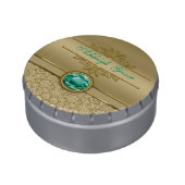 Faux Emerald Gemstone Metallic Shiny Gold Damask Candy Tin (Side)