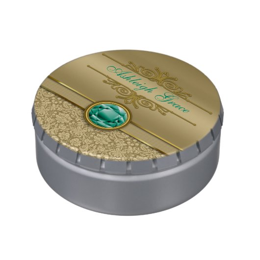 Faux Emerald Gemstone Metallic Shiny Gold Damask Candy Tin (Side)