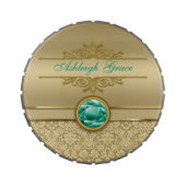 Faux Emerald Gemstone Metallic Shiny Gold Damask Candy Tin (Top)