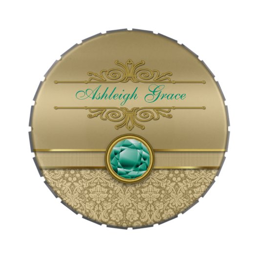 Faux Emerald Gemstone Metallic Shiny Gold Damask Candy Tin (Top)
