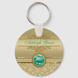 Faux Emerald Gemstone Metallic Shiny Gold Damask Keychain