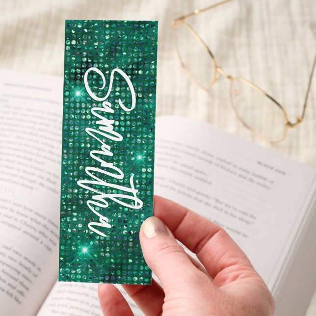 Faux Emerald Glam Brush Script Name Bookmarks (Hand)