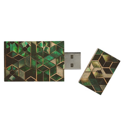  Faux Emerald Green and Gold Geometric  Wood Flash Drive