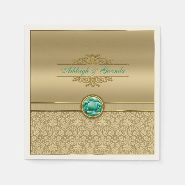Faux Emerald Green Gemstone Metallic Gold Damask Paper Napkins (Front)