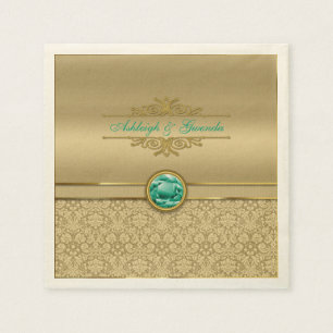 Faux Emerald Green Gemstone Metallic Gold Damask Paper Napkins