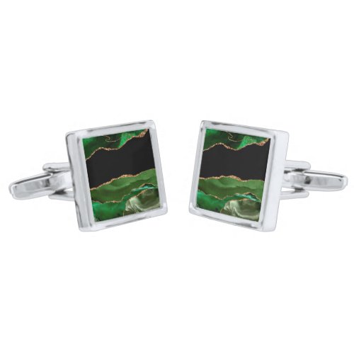 Faux Emerald Green Marbled Agate Contemporary Cufflinks