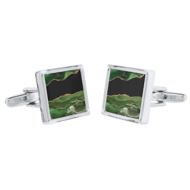 Faux Emerald Green Marbled Agate Contemporary Cufflinks (Angled)