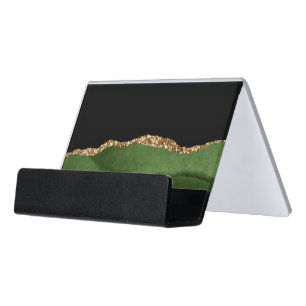 Faux Emerald Green Marbled Agate Contemporary Desk Business Card Holder