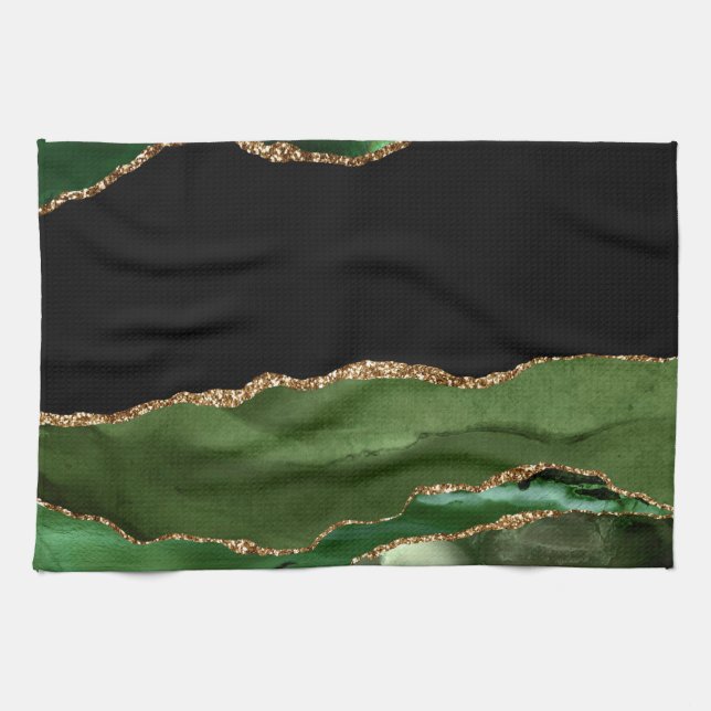 Faux Emerald Green Marbled Agate Contemporary Kitchen Towel (Horizontal)