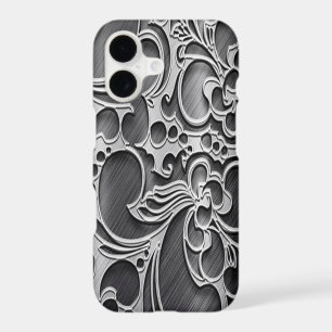 Faux Engraved Floral Metal Steel Metallic Silver iPhone 17 Case