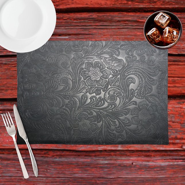 Faux Etched Floral Leather Western Black Cloth Placemat (Creator Uploaded)