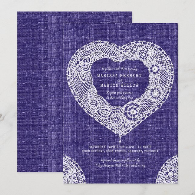 Faux fabric lace heart navy wedding invites (Front/Back)