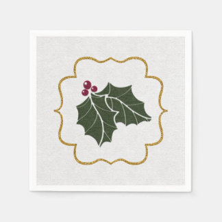 Faux Felt and Gold Glitter Holly Leaves Berries Napkins