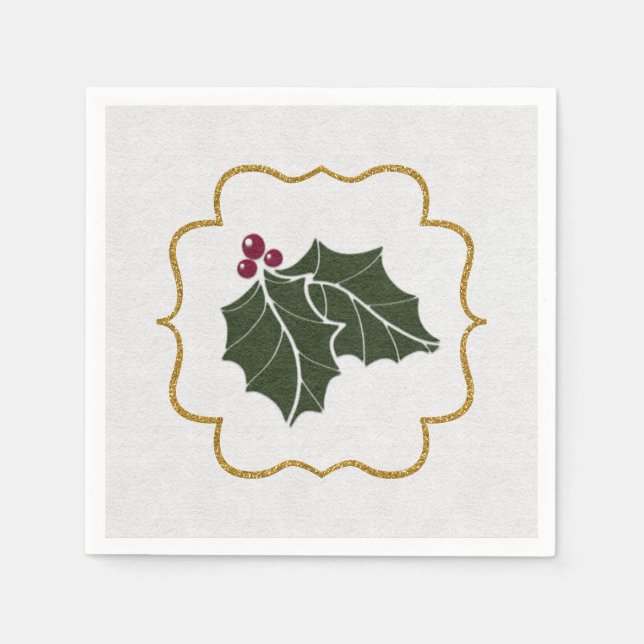 Faux Felt and Gold Glitter Holly Leaves Berries Napkins (Front)