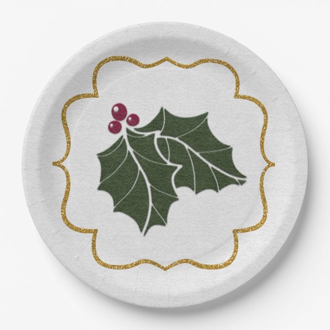 Faux Felt and Gold Glitter Holly Leaves Berries Paper Plates (Front)