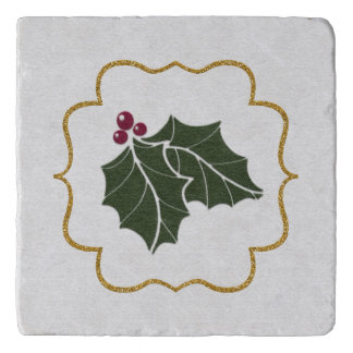 Faux Felt and Gold Glitter Holly Leaves Berries Trivet
