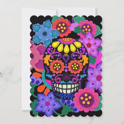 Faux Felt Skull with Flowers  Day of the Dead Invitation
