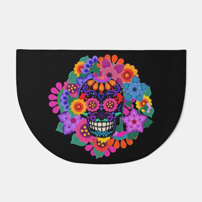 Faux Felt Style Flowers and Sugar Skull Beautiful Doormat (Front)
